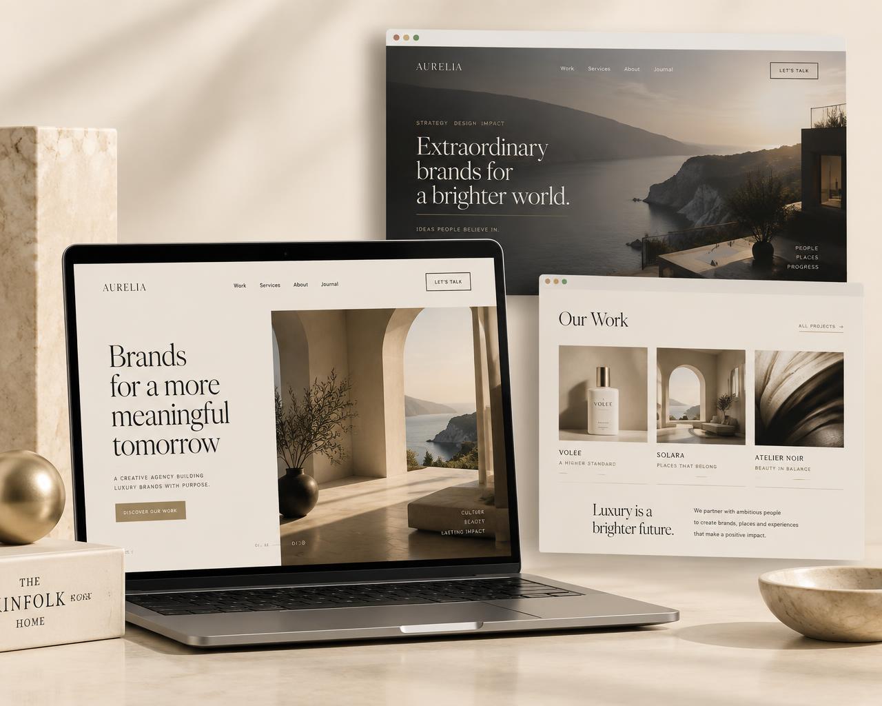 Layered showcase of premium website designs on a laptop and browser windows